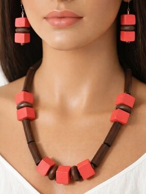 Pink Wooden Blocks, Brown Tubes & Beads Long Necklace with Matching Earrings